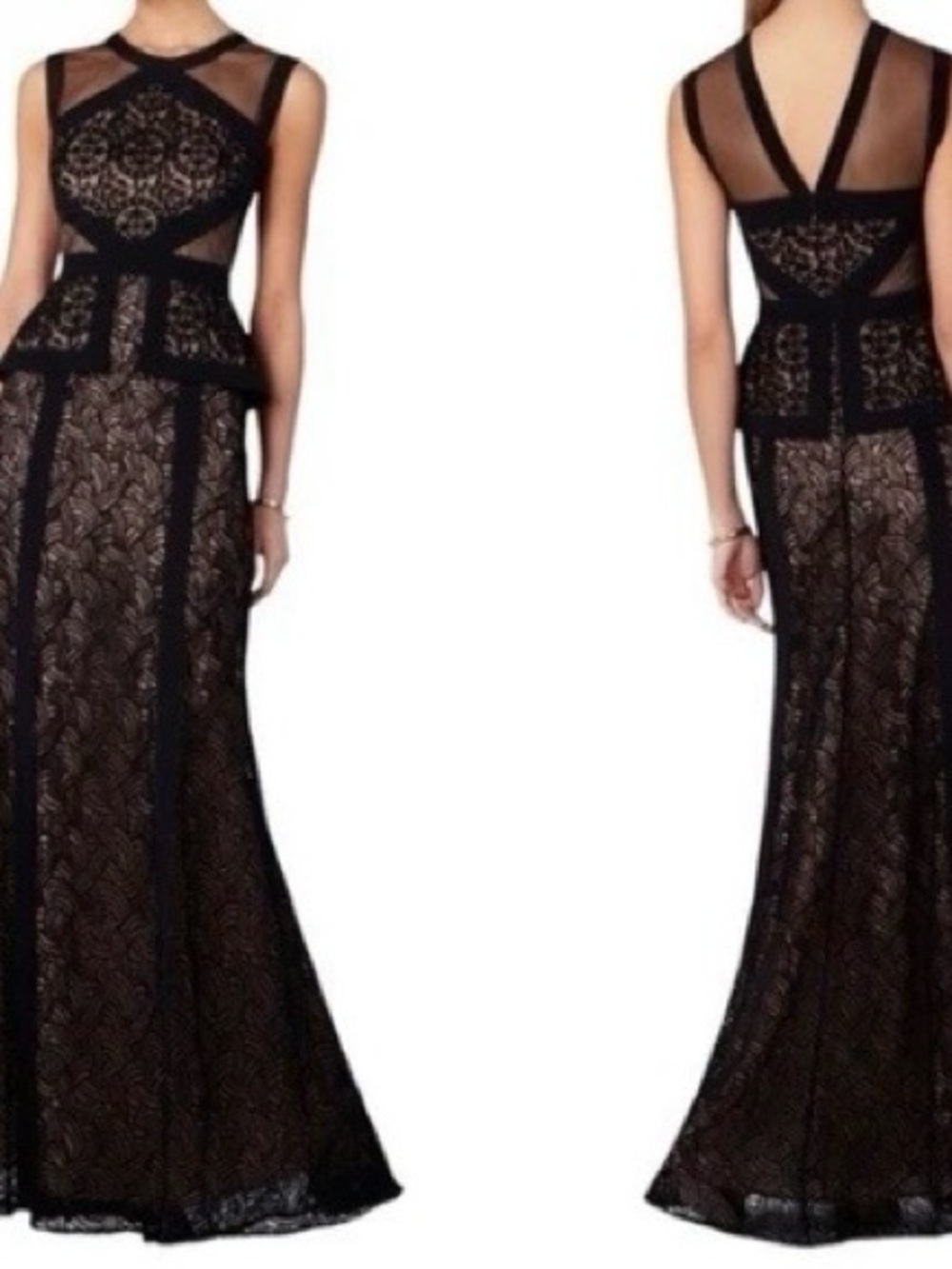 BCBGMaxAzria Black Lace & Sheer Panel Maxi Gown
